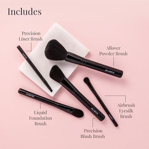 Aloette Professional 5-Piece Makeup Brush Set - Collection Includes Powder Brush, Blush Brush, Liquid Foundation Brush & 2 Eyeliner Brushes - Cruelty Free Synthetic Makeup Brushes for Face