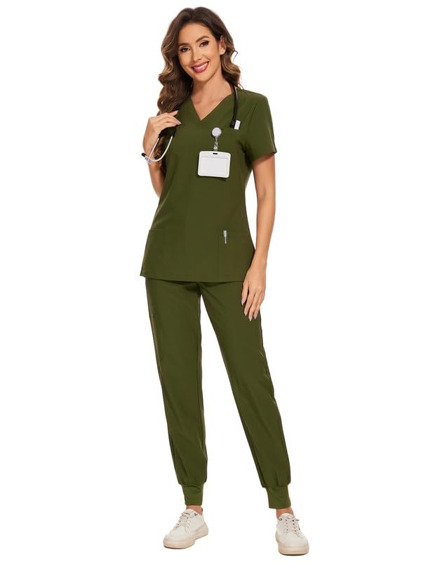 COZYFIT Scrubs for Women Set - Stretch V-Neck Scrub Top & Jogger Pant with 8 Pockets, Yoga Waistband, Anti Wrinkle, Slim Fit Women Scrubs - Olive Green, XS