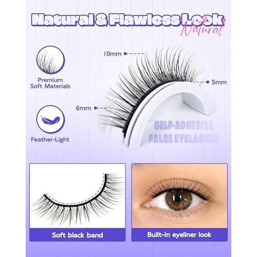 Self Adhesive Eyelashes Glueless Lashes - Natural Look 7-10mm No Glue Eyelashes Strip Waterproof All-Day Hold Press On Lashes Glueless Reusable Lash Strips Kit With Tweezer for Makeup by LZM (08)
