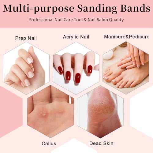 300Pcs Small Sanding Bands for Nail Drill Bits Set, Mini Sanding Bands with 2 Mandrel Bits Coarse Fine Grit #150#180#240 Grits, Professional for Acrylic Nails Manicures and Pedicure-Pink