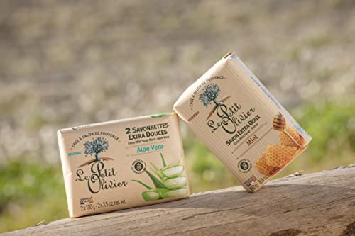 Le Petit Olivier Extra Mild Soap Bars - Aloe Vera - Gently Cleanses Skin - Delicately Perfumed - Vegetable Origin-Based - 2 Pc