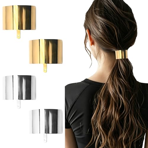 GIYAWA 4 Pack Ponytail Holders with French Buckle Hair Cuffs - Gold & Silver, High-Quality Metal, Secure Fit for Women