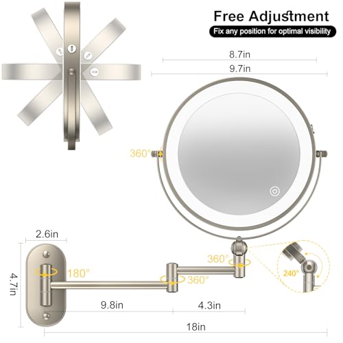 9" Wall Mounted Lighted Makeup Mirror with 10X Magnification