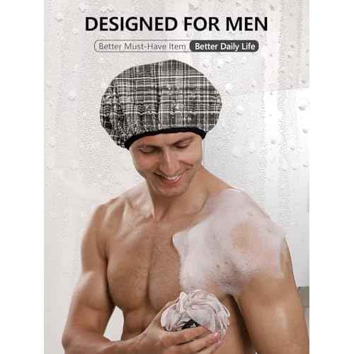 Years calm Men Shower Cap Reusable Waterproof, Dual-Layer Design, Double-Sided Use,Protects Hair in Shower, Spa, Travel & Cooking, Adjustable Elastic for Comfortable Fit (Black Plaid, One Size)