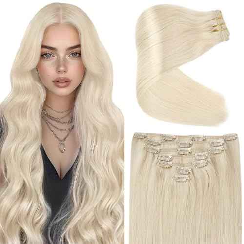 Ve Sunny Blonde Clip in Hair Extensions Real Hair Extensions Clip in Human Hair Clip in Extensions Real Human Hair Natural Look Human Hair Extensions Clip ins 18inch 7pcs 120g