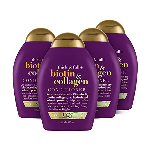 OGX Thick & Full + Biotin & Collagen Volumizing Conditioner for Thin Hair, with Vitamin B7 & Hydrolyzed Wheat Protein, Paraben-Free, Sulfate-Free Surfactants, 13 Ounce (Pack of 4)