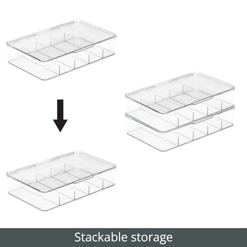 mDesign Plastic Divided Stackable Hair, Makeup & Jewelry Organizer Box with Hinge Lid for Bathroom Vanity Countertop - 5 Sections - Stores Hair Clips, Barrettes - Ligne Collection - 2 Pack - Clear