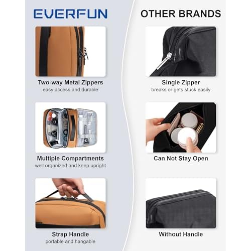 Everfun Compact Toiletry Bag for Men and Women Traveling, Wide Open Shaving Dopp Kit, Water Resistant Makeup Organizer Hygiene Bag with Wet Dry Compartment - Black, Medium