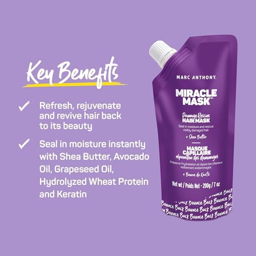 Marc Anthony Hair Mask for Dry Damaged Hair - Deep Conditioning Mask Protects & Nourish with Shea Butter, Avocado & Grapeseed Oils - Seal in Moisture and Rescues Visibly Damaged Hair - Sulfate Free