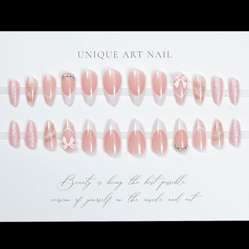 Almond Press On Nails 24pc Medium Pink 3D Bow Glitter