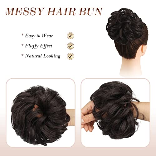 FESHFEN Messy Bun Hair Piece Hair Bun Scrunchies Synthetic Medium Brown Wavy Curly Chignon Ponytail Hair Extensions Thick Updo Hairpieces for Women Girls 1PCS