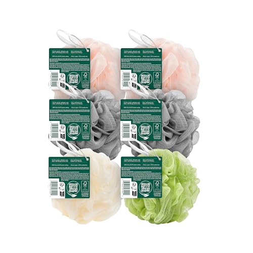 EcoTools Delicate EcoPouf Bath Sponge, Made With Recycled Materials, Exfoliating Bath Pouf, Loofah for Shower & Bath, In Assorted Colors, Green, White, Pink, and Gray, Perfect for Men & Women, 6 Count
