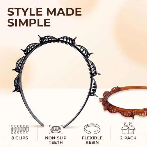 2Pcs Double Bangs Hairstyle Hairpin Headband With 8 Small Clip,Women