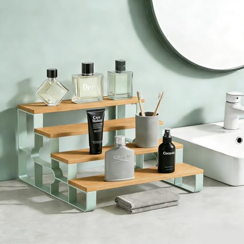 Perfume Organizer for Women,Makeup Organizer for Vanity,Skincare Organizers for Countertop,Bathroom Organizers and Storage,4 Tier Bamboo Display Shelf (Width=14")