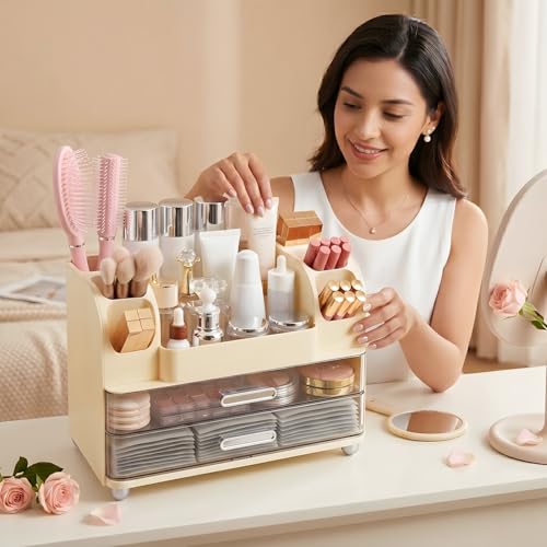 Makeup Organizer with 2 Drawers & 6 Brush Holders | Vanity Storage
