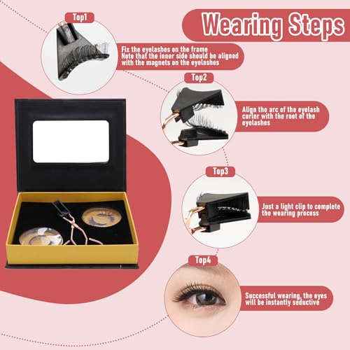 Magnetic 3D False Eyelashes with Applicator Curler, Reusable Magnetic Eyes Lashes Kit without No Glue, 3D False Eyelashes, Waterproof Artificial Magnets Eyelashes Kit for Makeup Beginer
