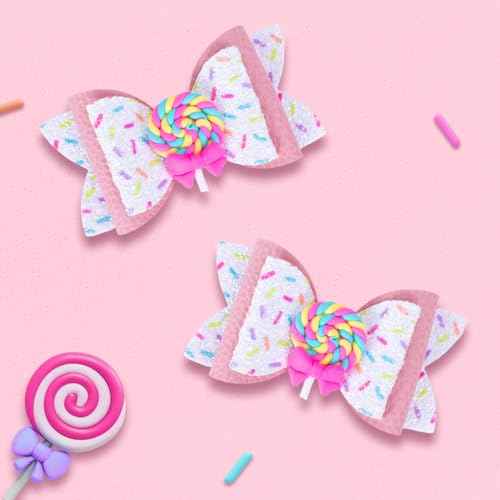 Beleki Lollipop Hair Bows, Glitter Hair Clips for Girls Sparkly Confetti Sprinkle Handmade Bows Metal Alligator Hairpin Hair Accessories for Girls Birthday Back to School Party Decor - Pink