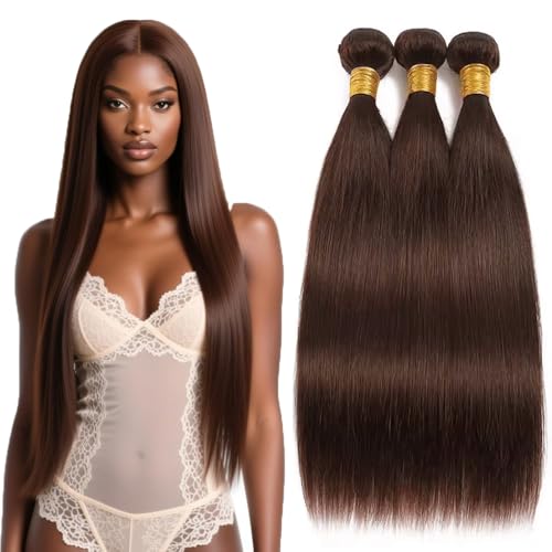 AuokMar 12-34 Inch Chocolate Brown Human Hair Bundles - Straight 3 Pack, 160g