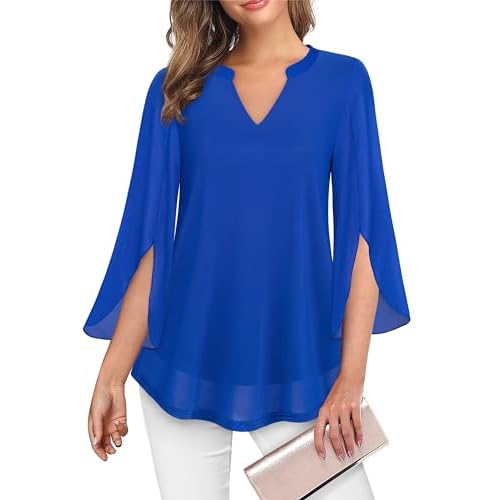 VALOLIA Women's 3/4 Sleeve Floral Tunic Tops V Neck Double Layers Loose Fit Mesh Blouses Shirt