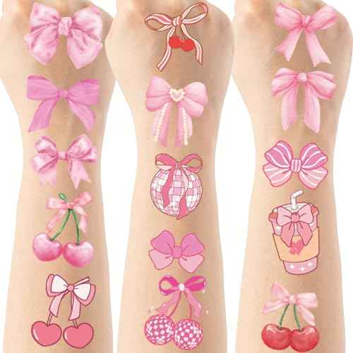 Pink Bow Temporary Tattoos Sticker - 264 Pcs Conquette Birthday Party Favors Party Supplies Decorations, Cherries Disco Ball, Treat Bag Stuffers for Girls Women(8 Sheets)