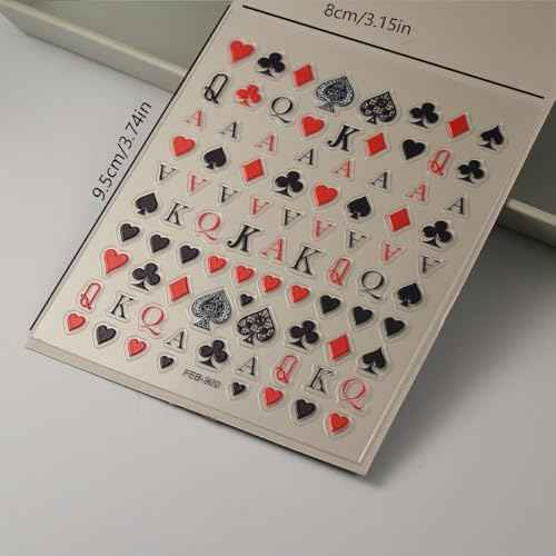 Poker Nail Stickers for Nail Art Palying Card Nail Decals Hearts Spades Clubs Diamonds Stickers for Nails Designs 3D Self Adhesive Nail Supplies & Decorations for Women Girls 1 Sheet