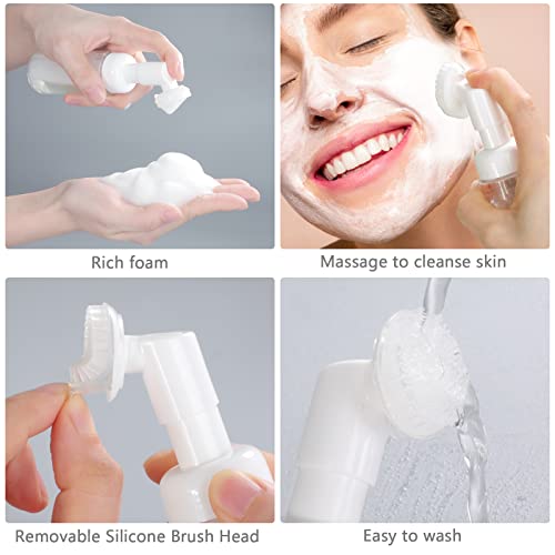 Pwsap 2 Pcs Pump Dispenser, 1oz/2oz (30/60 ml) Soap Foaming Bottle Mousse Foam Bottle Facial Cleanser Pump Dispenser with Silicone Foam Massage Clean Brush Head, Suitable for Face Wash Foaming