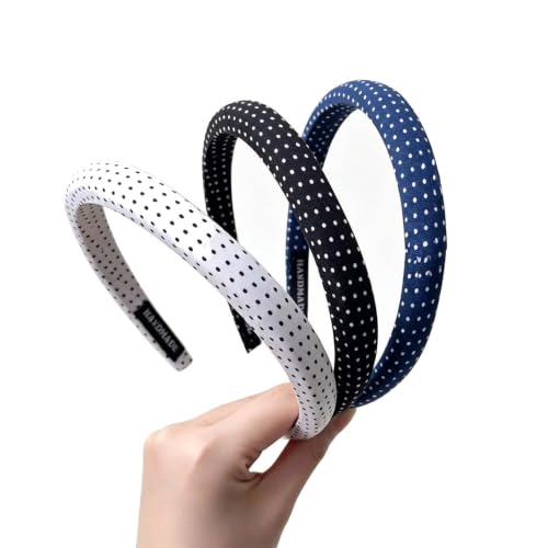 Glimbely 3-Pack Polka Dot Headbands for Women - Black White Blue Retro Non Slip Hair Accessories