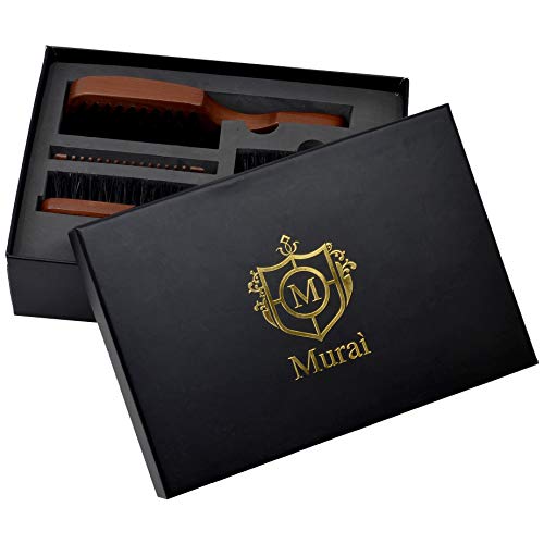 Murai Beard Kit for Men Gift Set Mens Beard Grooming Kit - Military Paddle Hair Brush, Large Handle Beard Brush, Pocket Sized Oval Beard Brush, Wood Beard Comb, and Hairbrush Cleaner