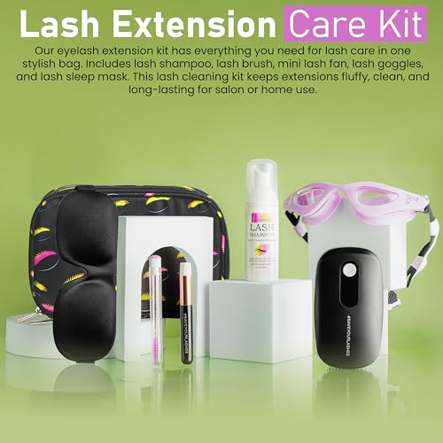 Lash Shampoo Kit ? Premium Lash Extension Cleaning Kit & Care Set with Fan, Brush, Oil-Free Eyelash Cleanser, Goggles for Shower & Sleep Mask - Lash Bath Kit & Aftercare System