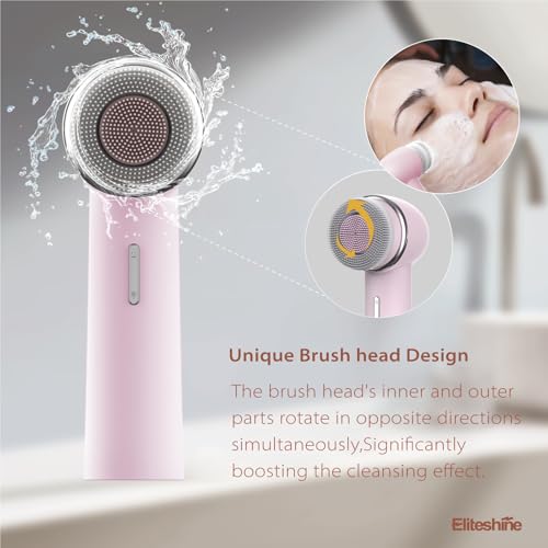 Electric Facial Cleansing Brush with Dual-Rotating Silicone and Bristle Brushheads,Electric Silicone Face Scrubber Exfoliator,Face Cleansing Brush, Rechargeable, for Face Skin Issues,Pink