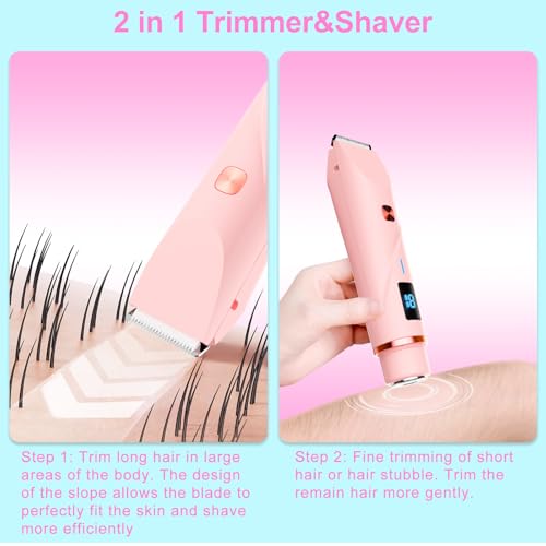 Bikini Trimmer for Women, 2 in 1 Electric Razors for Women Pubic Hair, IPX7 Waterproof Dual Head Bikini Shaver with LED Display, Rechargeable Electric Trimmer (Blue)