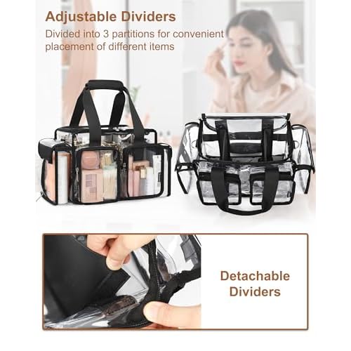 Relavel Clear Makeup Bag Professional Makeup Artist Kit Set Travel Cosmetic Organizer Case Transparent Stadium Approved Tote Bag Toiletry Lunch Duffle Work Shoulder Bag with Adjustable Dividers, Black