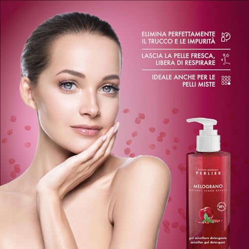 Perlier ? Pomegranate Face Cleansing Micellar Gel, 6.7 fl oz, Antioxidant-Rich Cleanser with Bio-Fermented Pomegranate, Gently Removes Makeup and Impurities, Alcohol-Free, All Skin Types
