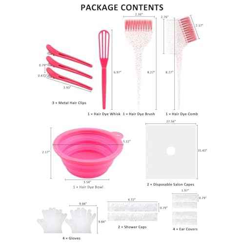 19PCS Hair Bleach Dye Kit with Hair Dye Brush and Bowl Whisk Hair Clips Protective Gear Set, Ideal for Hair Bleaching Coloring Highlighting, Essential Salon Supplies for Home Use (Pink)