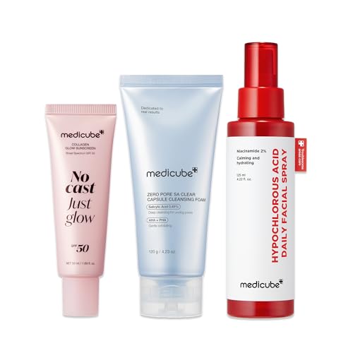 medicube After Sun Care Trio Set: Zero Pore Capsule Cleansing Foam, Collagen Glow Sunscreen, Hypochlorous Acid Power Soothing Spray | Deep Cleanse, Shield & Soothe | Face wash, Sunscreen, Facial Spray