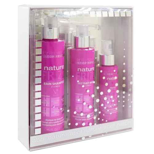 abril et nature - Professional Anti-Frizz Hair Care Set - Hydrates and Maintains Smooth Hair - Shampoo, Conditioner, and Serum Pack for Frizzy Hair - Softer and Shiner Hair - 550 ml/18,59oz