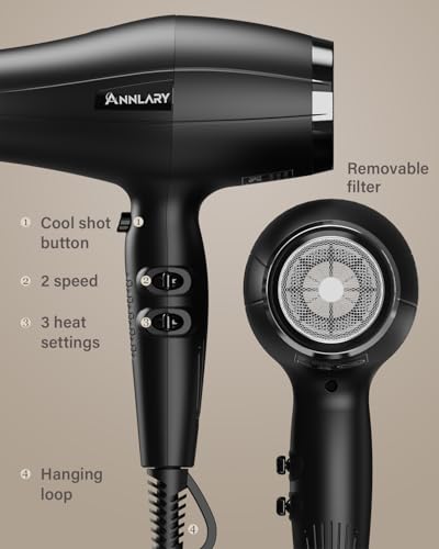 ANNLARY Ionic Hair Dryer 1875W with Diffuser & Nozzle