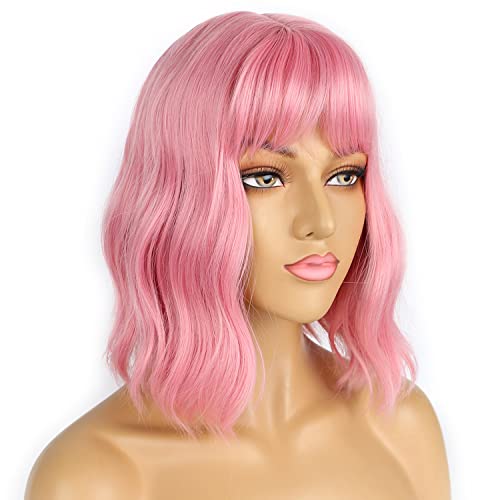 Pastel Pink Bob Wig with Bangs Loose Wavy Synthetic