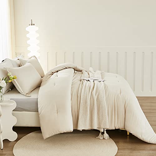 Litanika Twin/Twin XL Comforter Set Beige, 2 Pieces Lightweight Solid Bedding Comforter Set, All Season Fluffy Bed Set (66x90In Comforter & 1 Pillowcase)