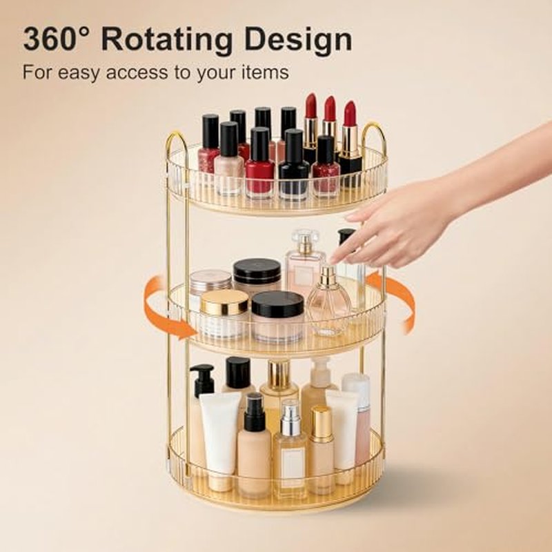 360° Rotating Makeup Organizer - 3 Tier Amber Gold Cosmetic Holder