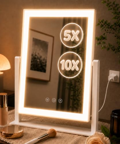 Lighted Makeup Mirror 17.3in with 10X/5X Magnifiers & 3 Color Modes