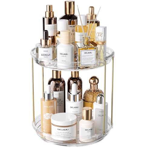 Delamu Rotating Makeup Organizer 2-Tier Vanity Storage with Spin Shelf