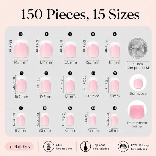 Beetles French Tips Press On Nails - 150 Pc Pink Short Square
