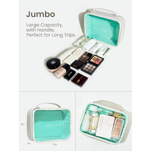 ROWNYEON 3-Piece Premium Cosmetic Organizer Set - Clear PVC & Faux Leather Storage Bags with Jewel-Tone Blue Lining, Waterproof Travel Toiletry Cases for Home/Carry-On (Jumbo/Medium/Mini)