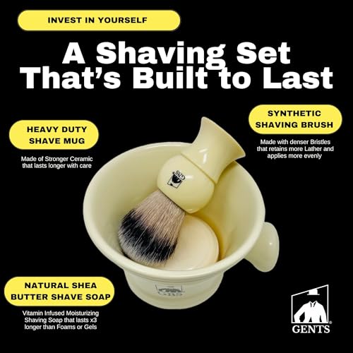 ?G.B.S Heavy Duty Ceramic Shaving Set ? Ivory Mug with Knob Handle, Faux Ivory Handle Brush, 3 oz Natural Long-Lasting Lather Soap ? Classic Wet Shaving Kit for Men