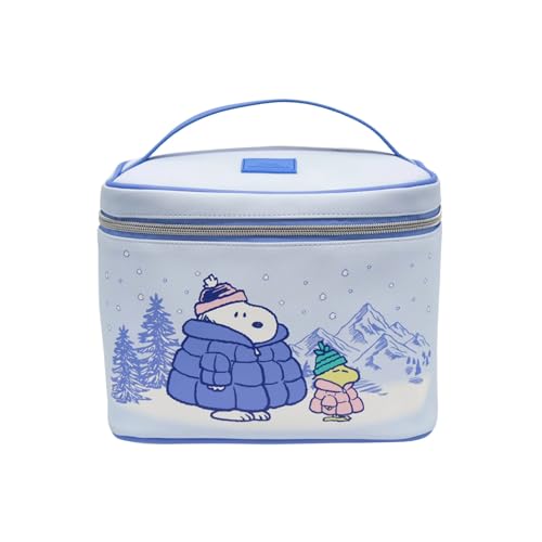 Impressions Vanity Peanuts SNOOPY Winter Makeup Train Case with Artwork, Top Handle Carry Strap Makeup Bag with Slip Pocket, Brush Holder Pocket and Silver Hardware Travel Makeup Organizer for Women