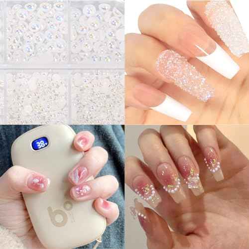 HNUIX Nail Rhinestones and Pearls Nail Charms, 4Box Crystals Nail Gems, Rhinestones, Pearl for Nails Gemstones Bling for DIY Nail Art Decor , with Wax Pencil and Tweeze