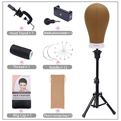 LIYATE Wig Stand Tripod with Head, Wig Head Stand with Mannequin Head, 23 Inch Wig Head, Mini Wig Stand Tripod for Mannequin Head, Wig Making Kit and Supplies, Wig Cap, T Pins Set, Phone Holder