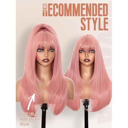 Pink Glueless Lace Front Wig For Women | 26 Inch Long Straight Layered Synthetic Wig With Curtain Bangs | Heat Resistant, Wear & Go, No Glue Needed | Cosplay & Daily Use