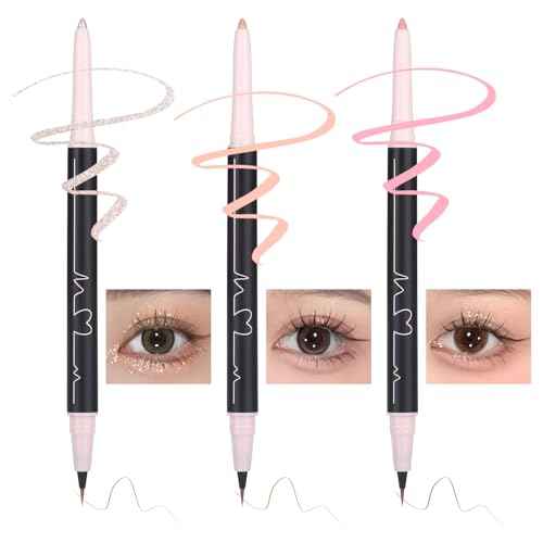 3PC Dual Ended Makeup Highlighter Pen, Glitter & Matte Nude Pink EyeLiner & Eyeshadow, Liquid Contour Liner 2 in 1 Eye Make Up Stick, Mulit-Funtional Long Lasting Lying Silkworm Pencil Set